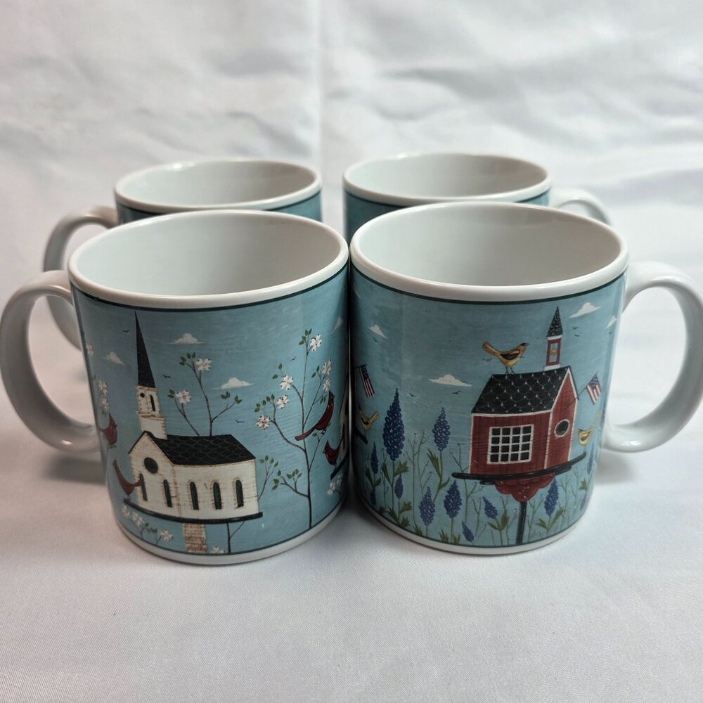 FOUR Sakura Birdhouses Mugs (A-D) Blue & White with Birds, Birdhouses & Flowers